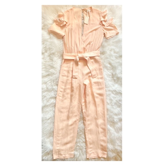 NEW MAJE Piruize Ruffled Cold Shoulder Crepe Linen Blend Jumpsuit in Peachy Nude - Picture 4 of 9
